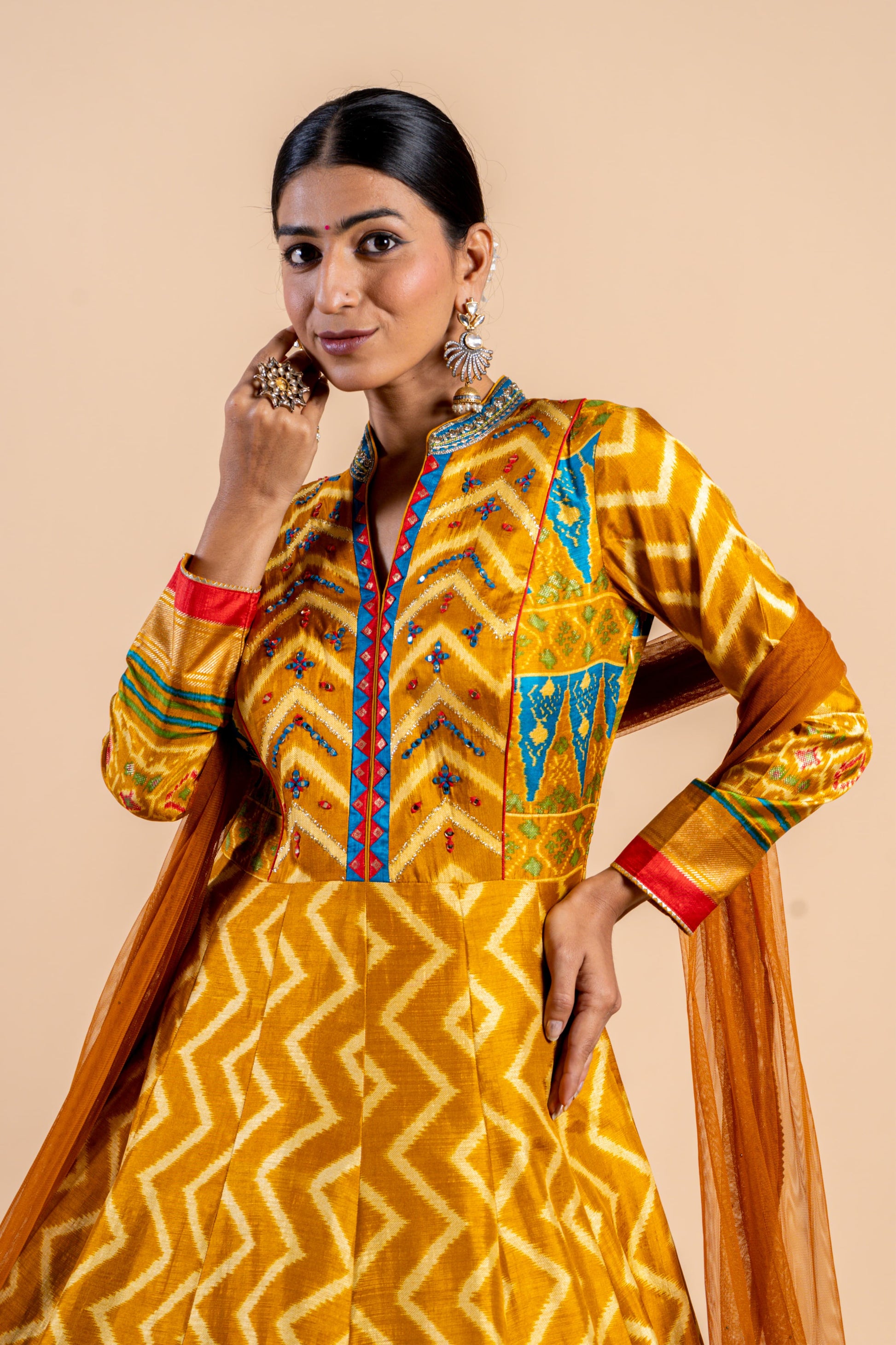 Radiant Mustard Yellow Ajrakh Fusion Gown with Leheriya Print and Open-Back Cutout
