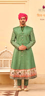 REWAA Men’s Emerald Green Chevron Achkan Sherwani with Floral Border & Pink Safa