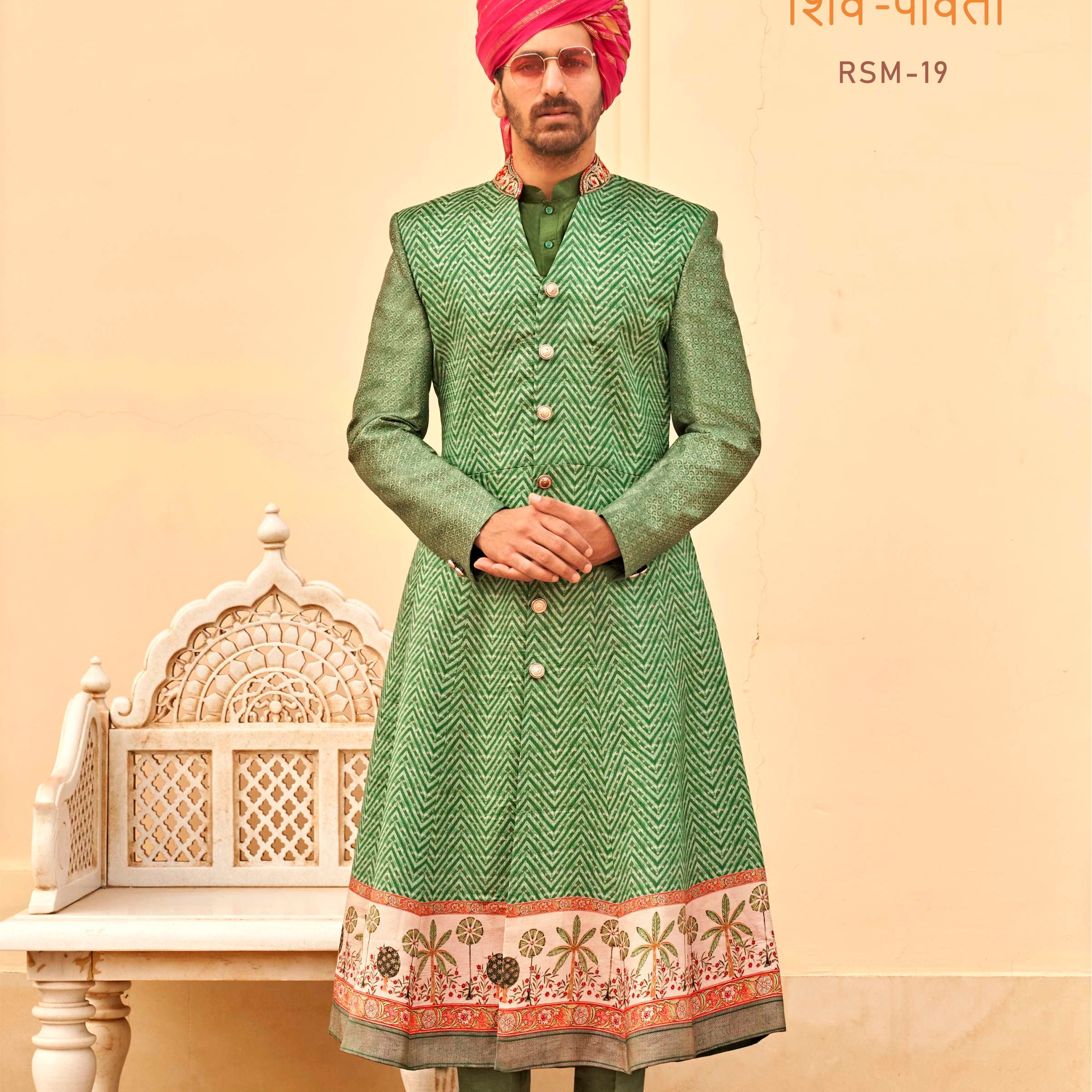REWAA Men’s Emerald Green Chevron Achkan Sherwani with Floral Border & Pink Safa