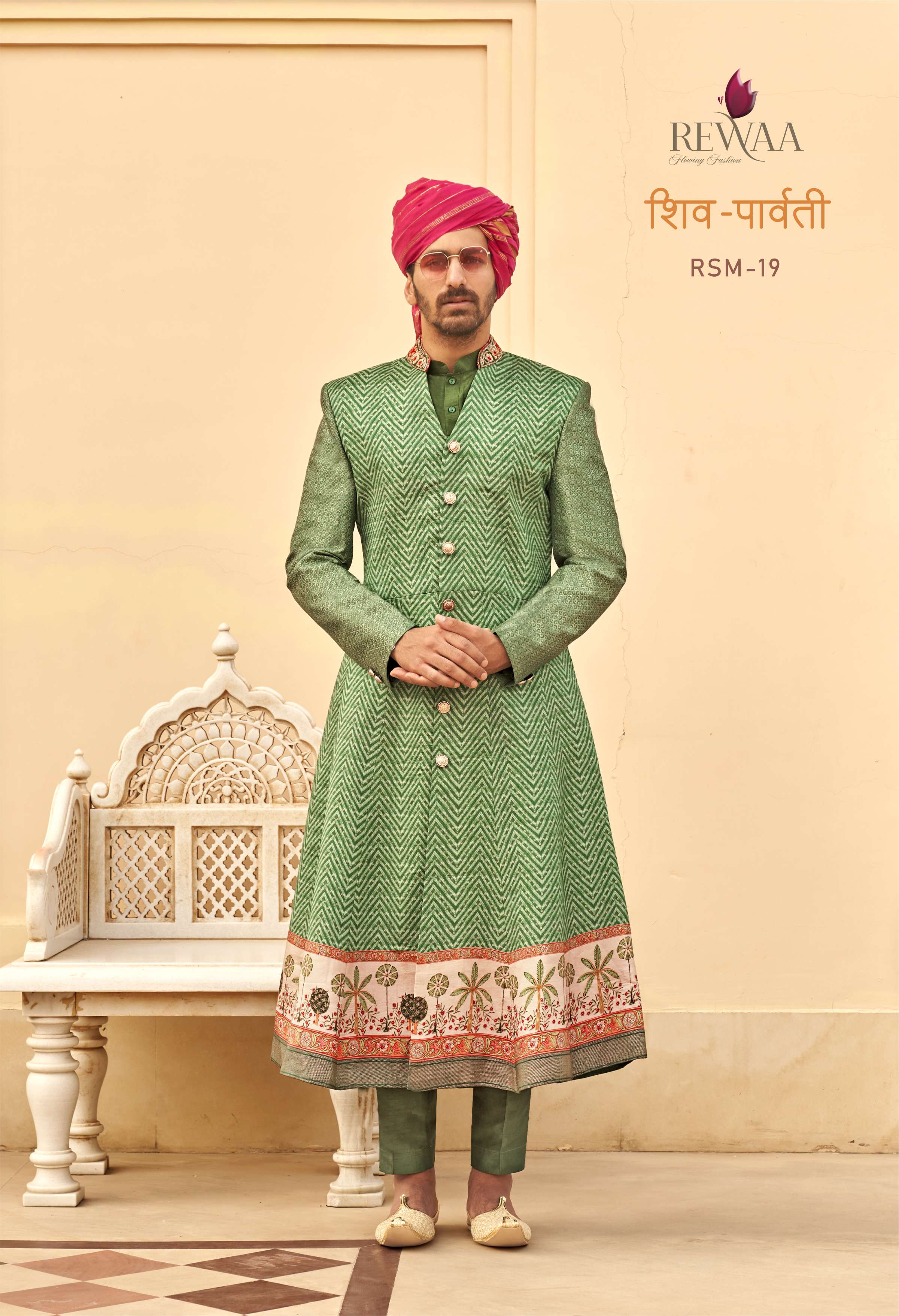 REWAA Men’s Emerald Green Chevron Achkan Sherwani with Floral Border & Pink Safa