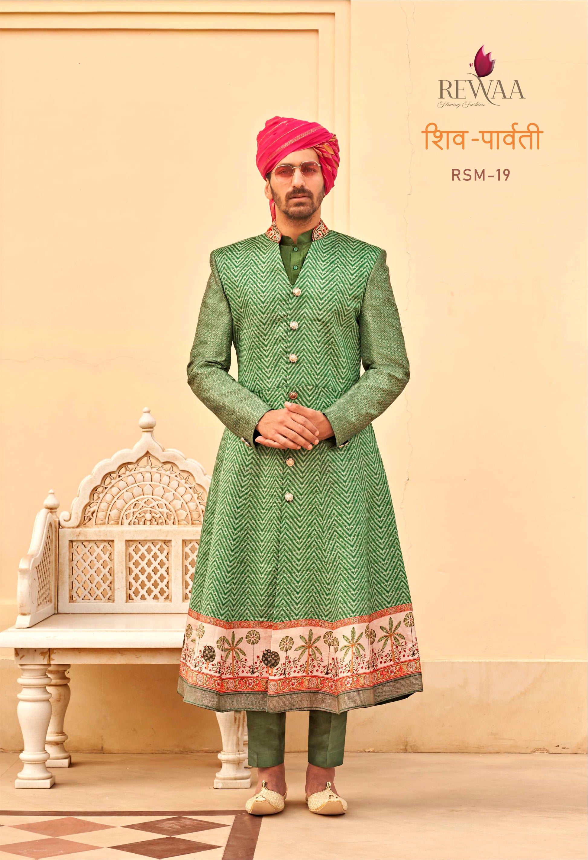 REWAA Men’s Emerald Green Chevron Achkan Sherwani with Floral Border & Pink Safa