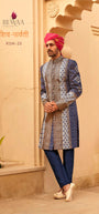 REWAA Men’s Royal Blue & Slate Grey Panel-Work Sherwani with Intricate Brocade Detailing