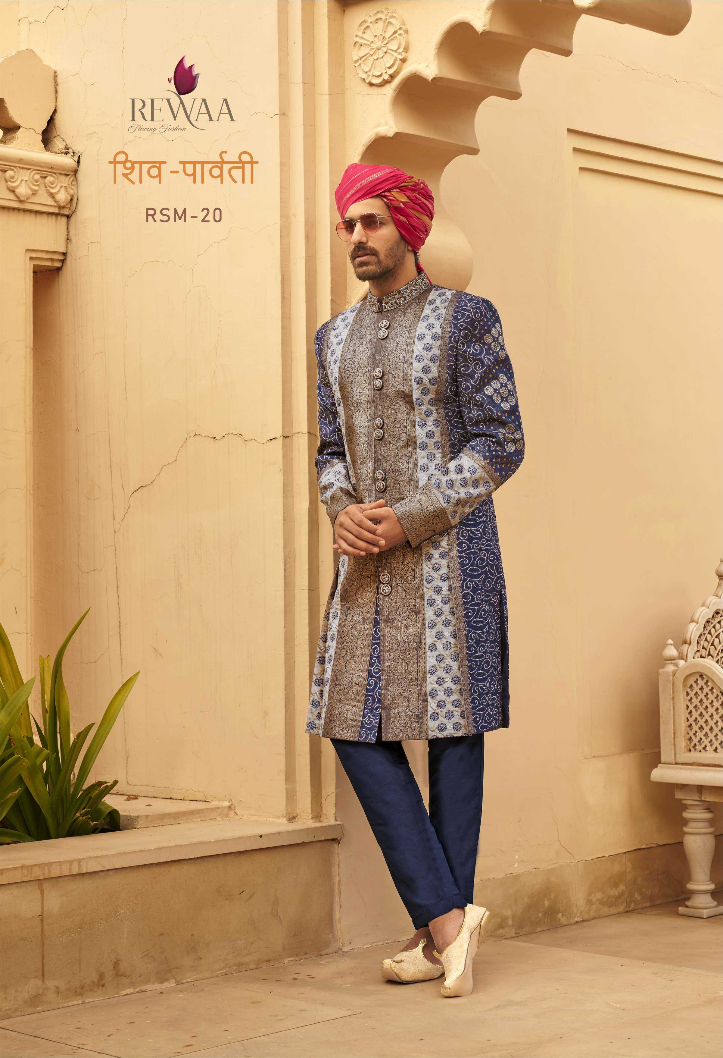 REWAA Men’s Royal Blue & Slate Grey Panel-Work Sherwani with Intricate Brocade Detailing