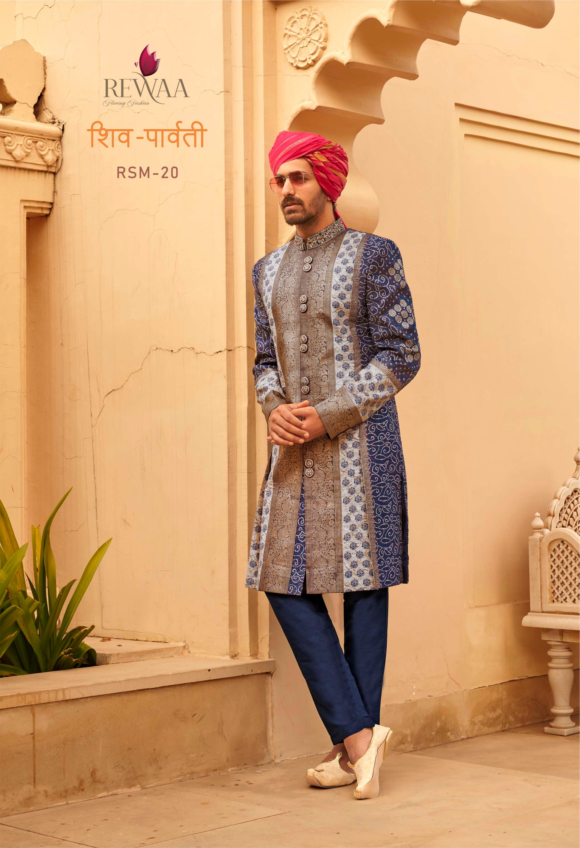 REWAA Men’s Royal Blue & Slate Grey Panel-Work Sherwani with Intricate Brocade Detailing