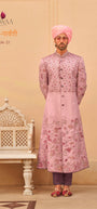 REWAA Men’s Dusty Rose Floral Embroidered Achkan with Dual-Tone Botanicals