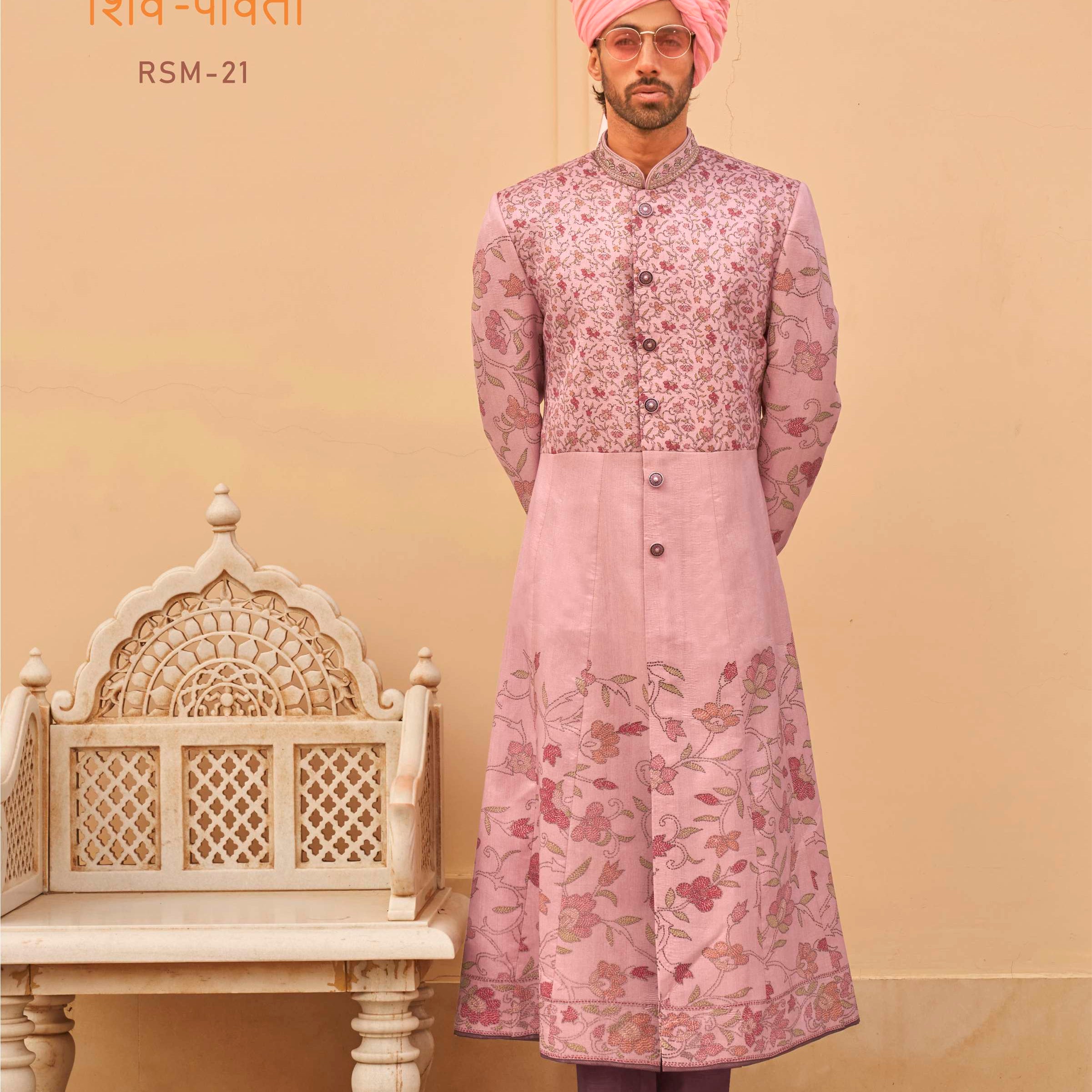 REWAA Men’s Dusty Rose Floral Embroidered Achkan with Dual-Tone Botanicals