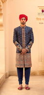 REWAA Men’s Navy Blue Heritage Sherwani with Elephant & Mandala Embroidery