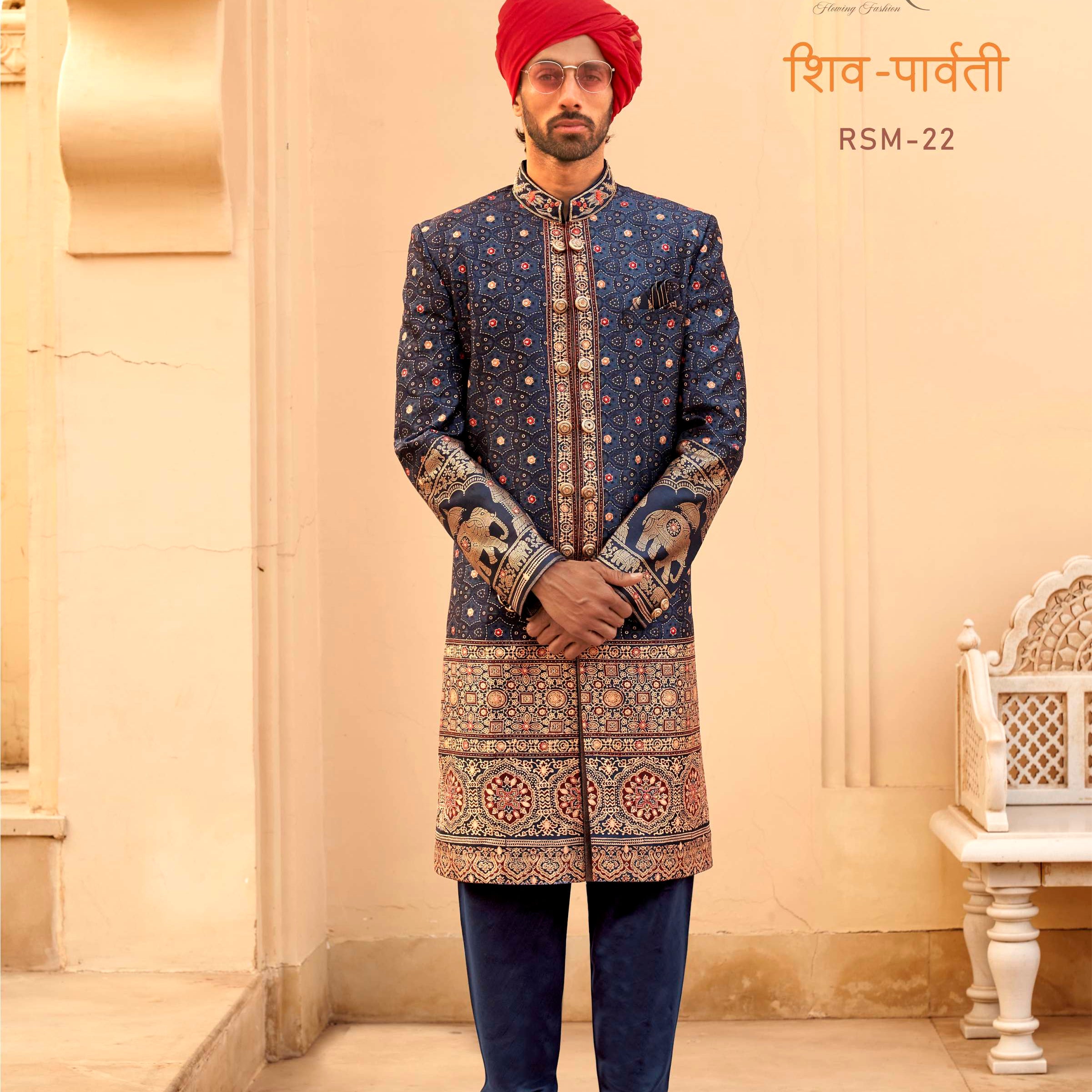REWAA Men’s Navy Blue Heritage Sherwani with Elephant & Mandala Embroidery