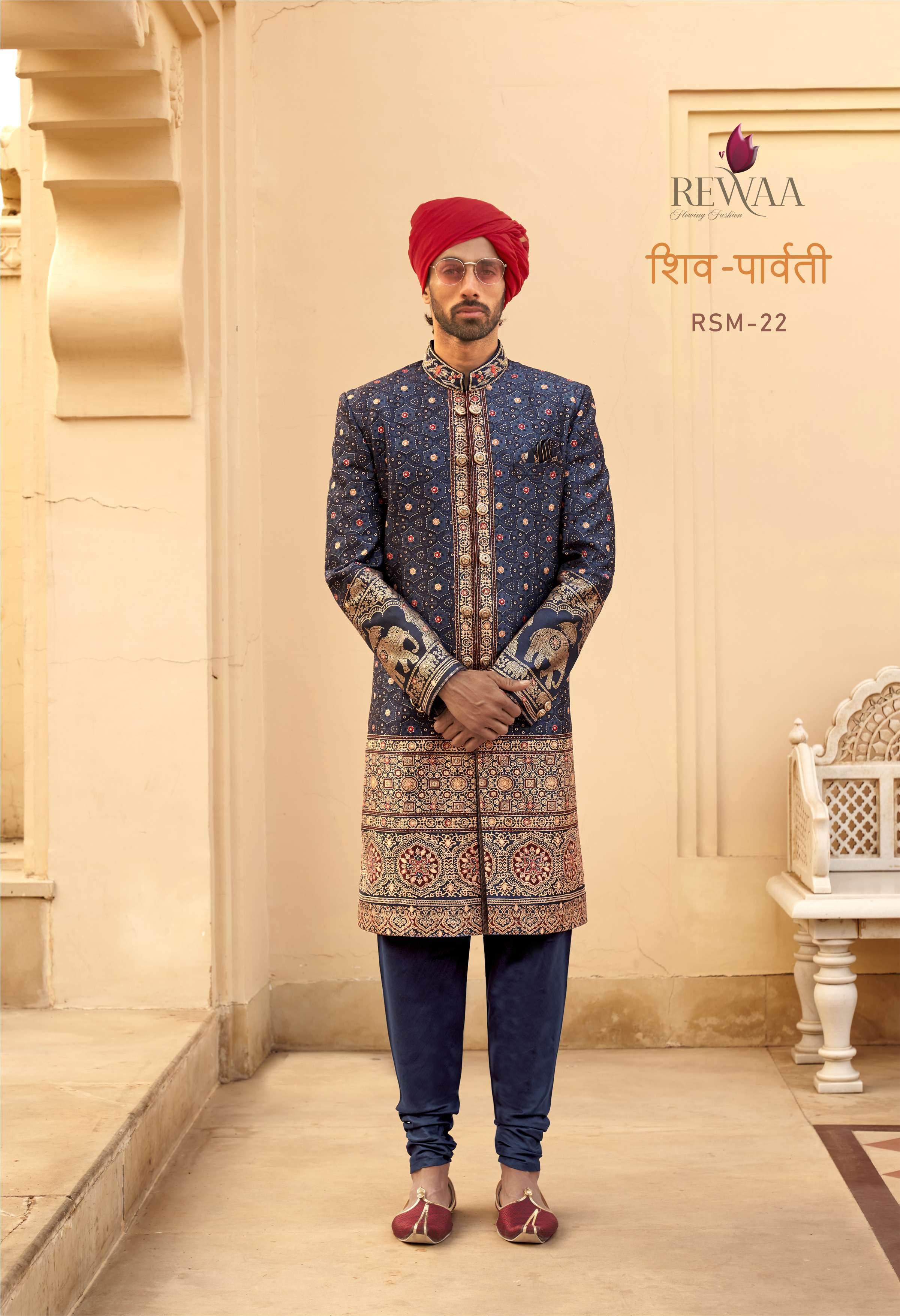 REWAA Men’s Navy Blue Heritage Sherwani with Elephant & Mandala Embroidery