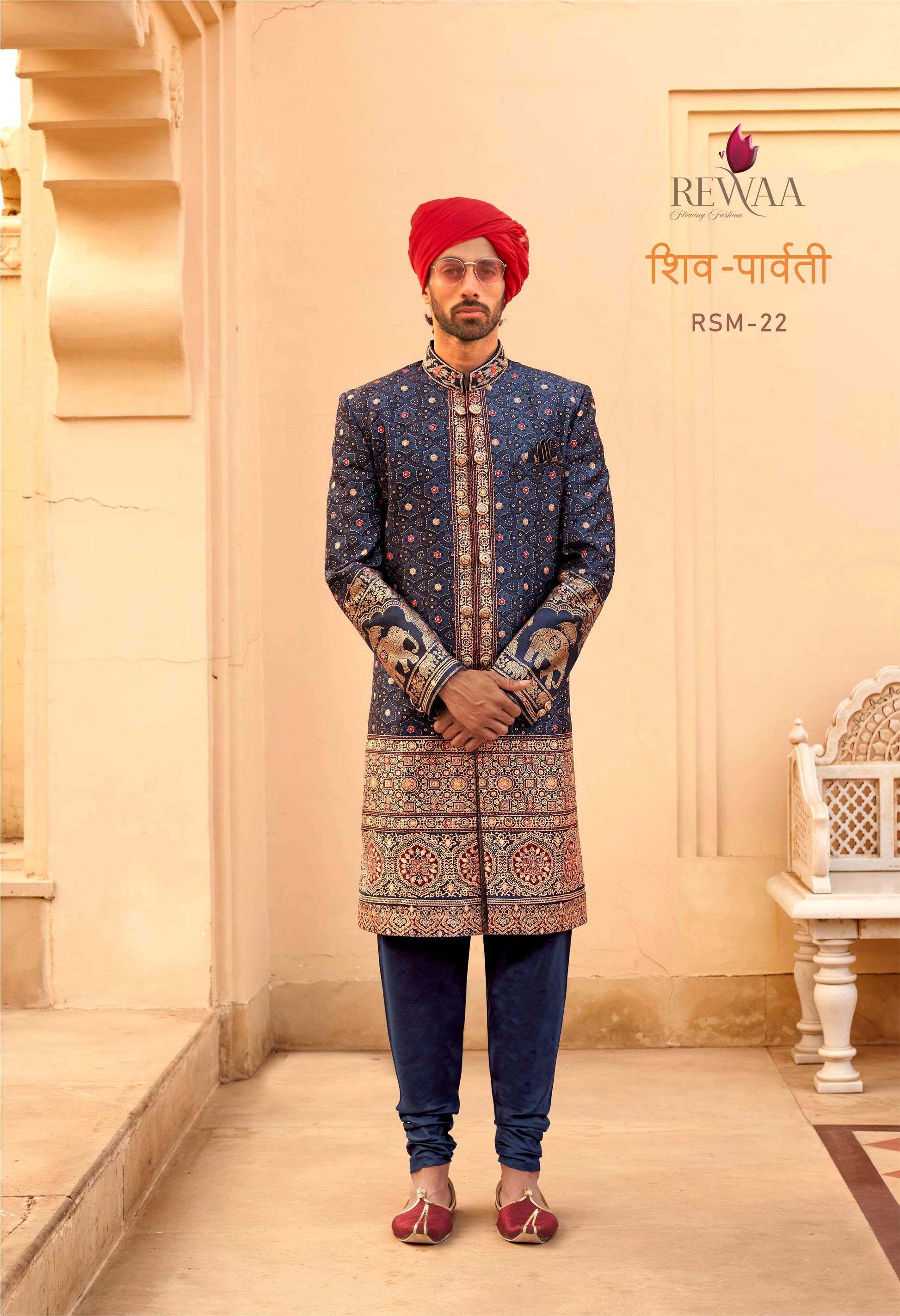 REWAA Men’s Navy Blue Heritage Sherwani with Elephant & Mandala Embroidery