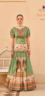 REWAA Women’s Emerald Leheriya Chaniya Choli with Pichwai-Inspired Botanical Border