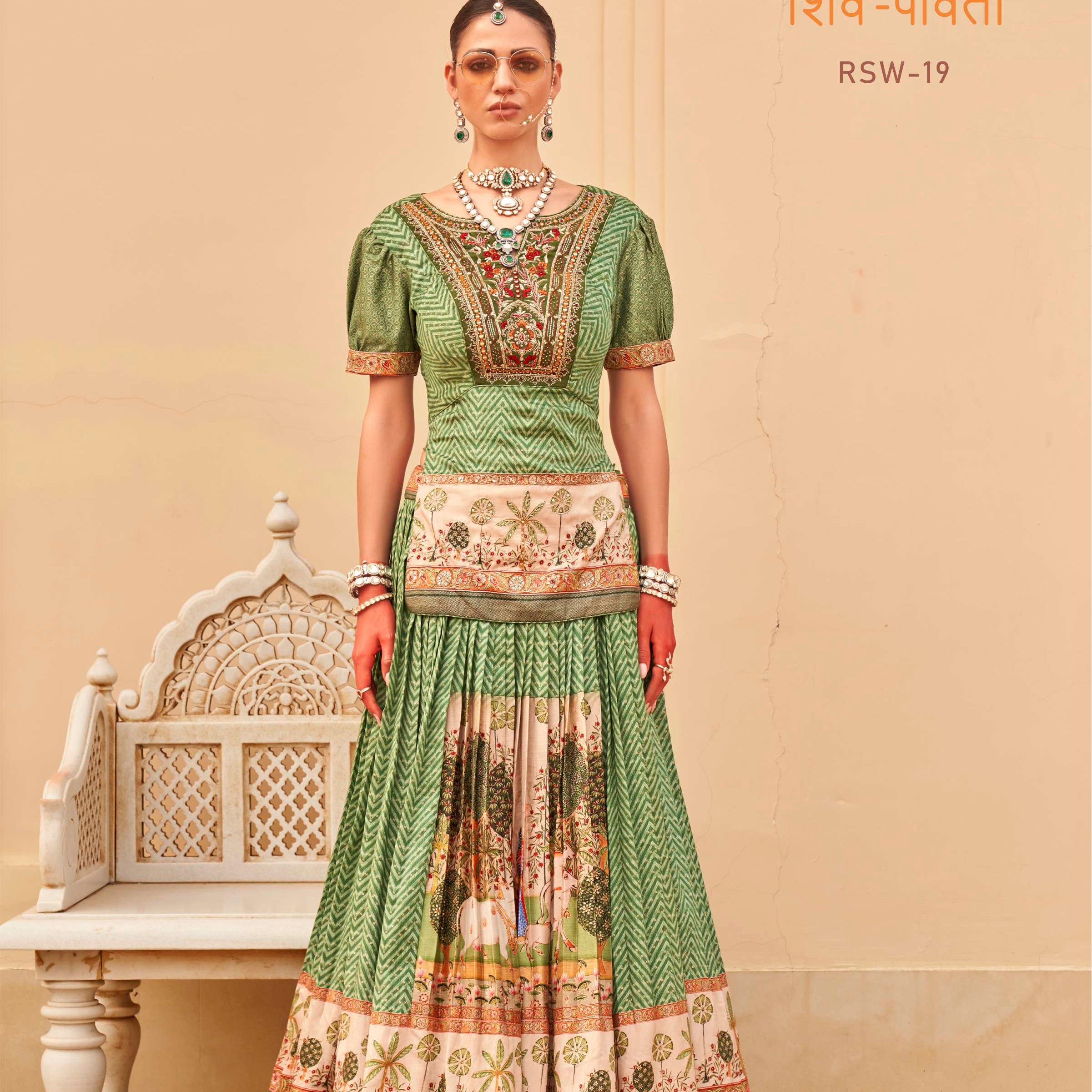 REWAA Women’s Emerald Leheriya Chaniya Choli with Pichwai-Inspired Botanical Border