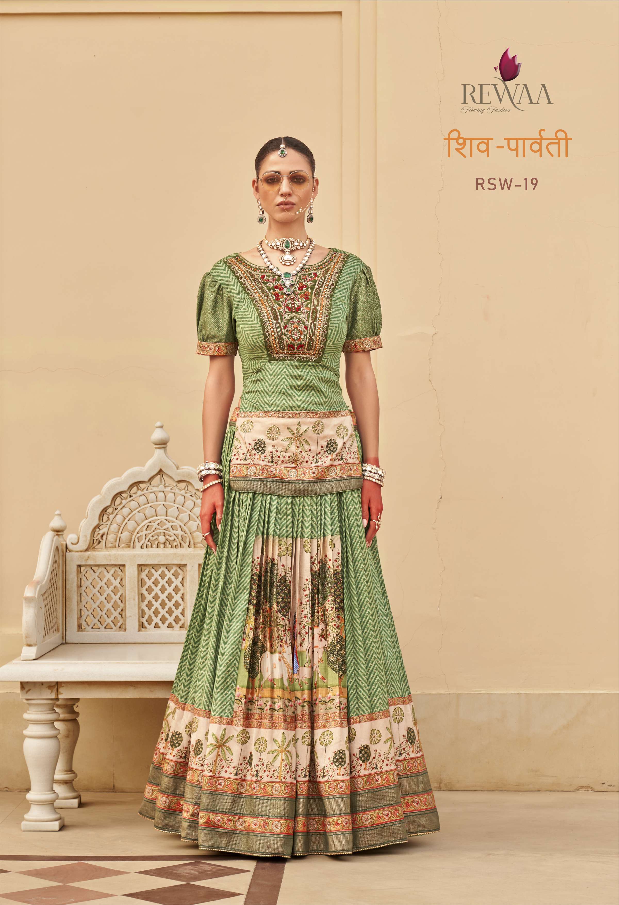 REWAA Women’s Emerald Leheriya Chaniya Choli with Pichwai-Inspired Botanical Border