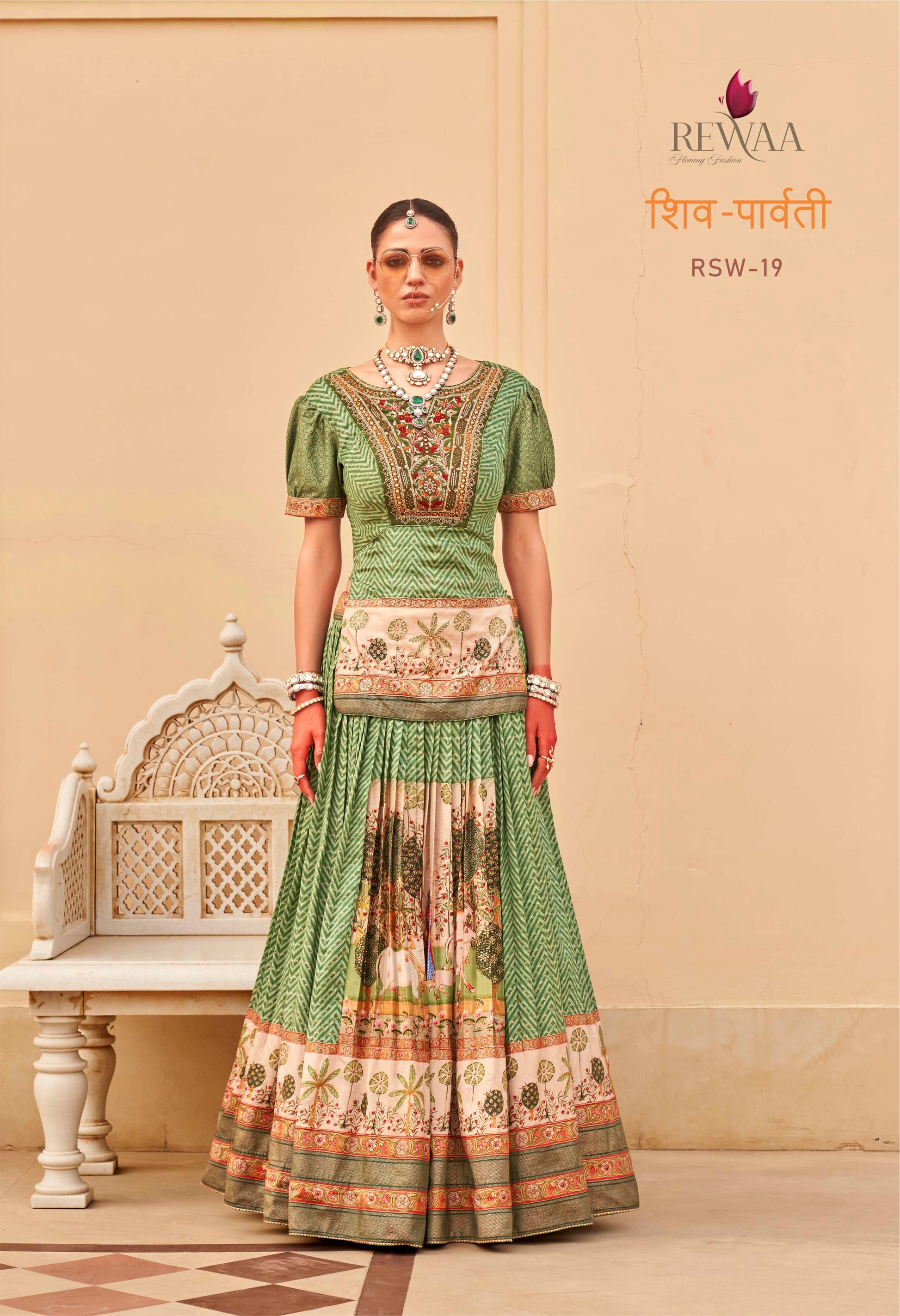 REWAA Women’s Emerald Leheriya Chaniya Choli with Pichwai-Inspired Botanical Border