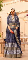 REWAA Women’s Royal Blue Bandhani Lehenga with Open Jacket and Ruffled Dupatta
