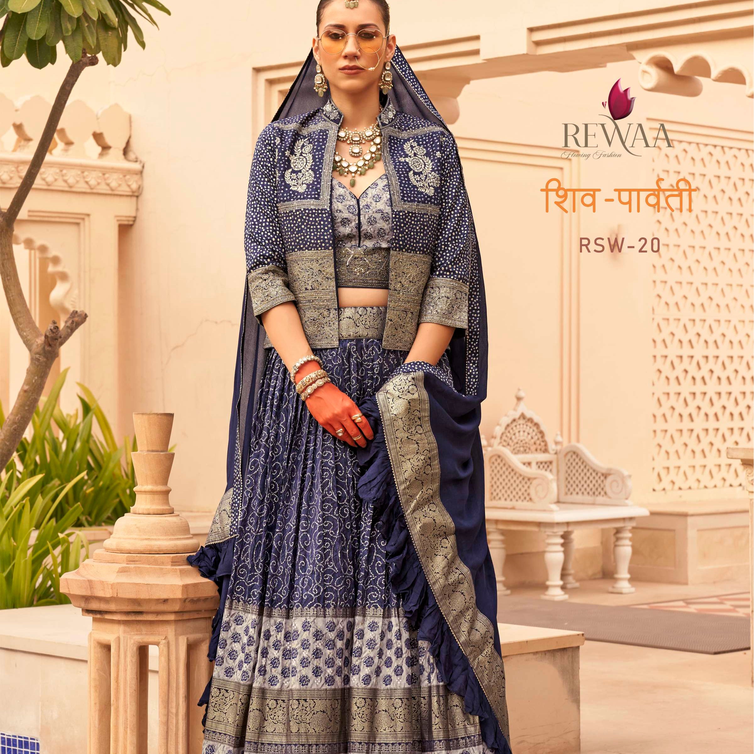 REWAA Women’s Royal Blue Bandhani Lehenga with Open Jacket and Ruffled Dupatta