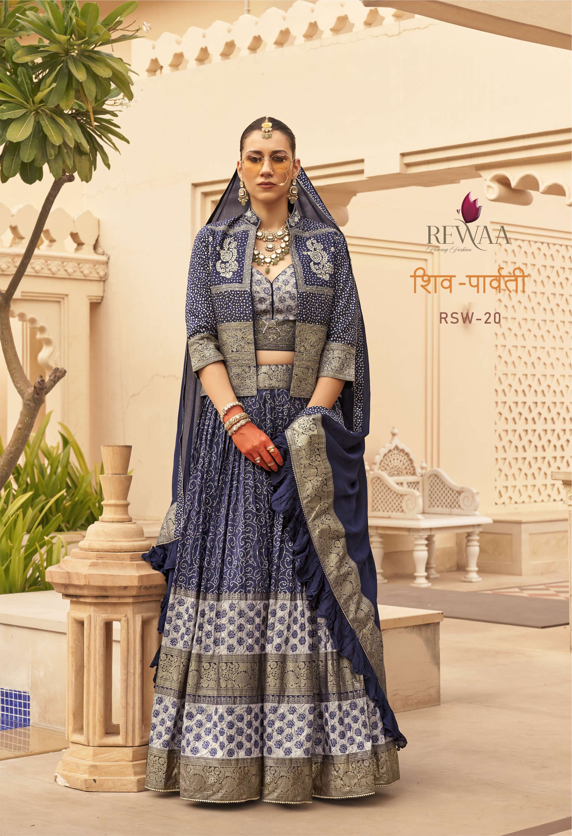 REWAA Women’s Royal Blue Bandhani Lehenga with Open Jacket and Ruffled Dupatta