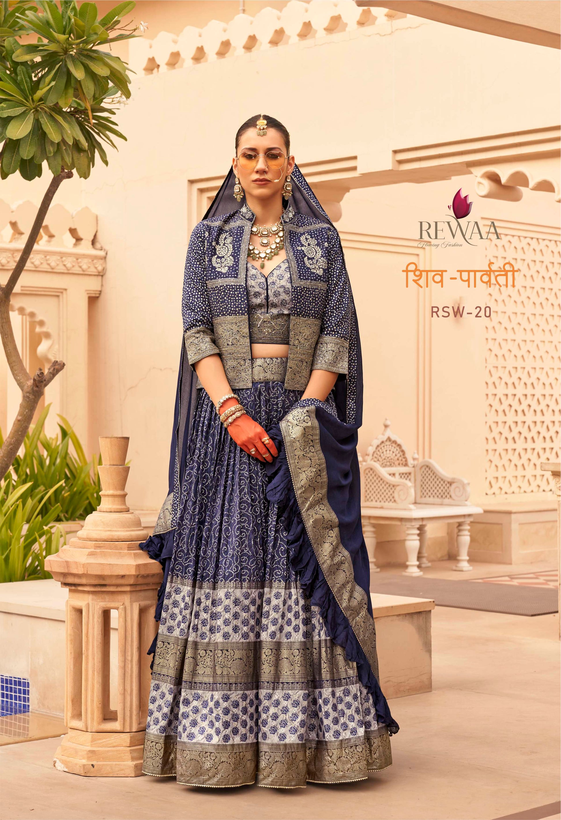 REWAA Women’s Royal Blue Bandhani Lehenga with Open Jacket and Ruffled Dupatta