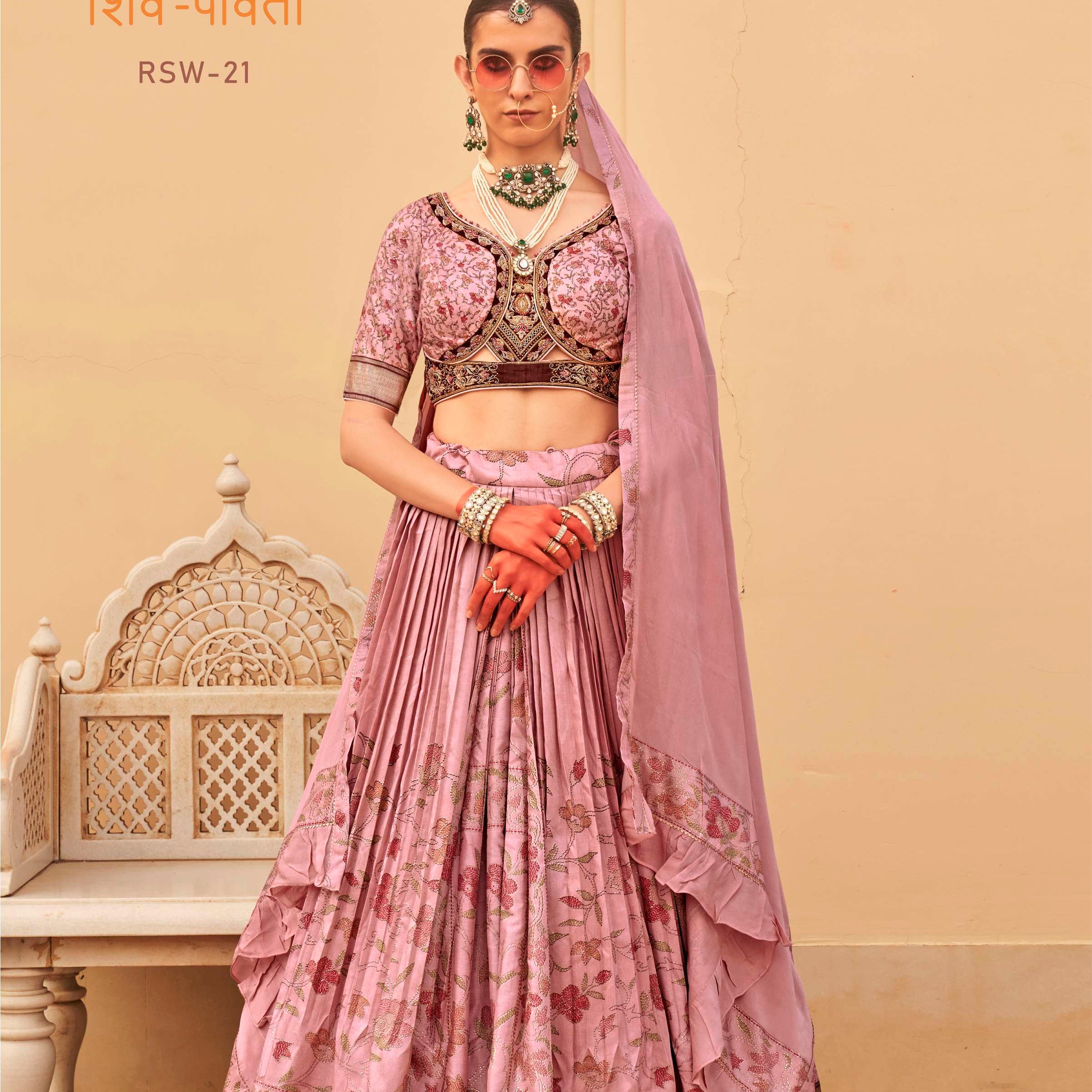 REWAA Women's Dusty Rose Pleated Lehenga with Velvet Waistcoat-Style Blouse