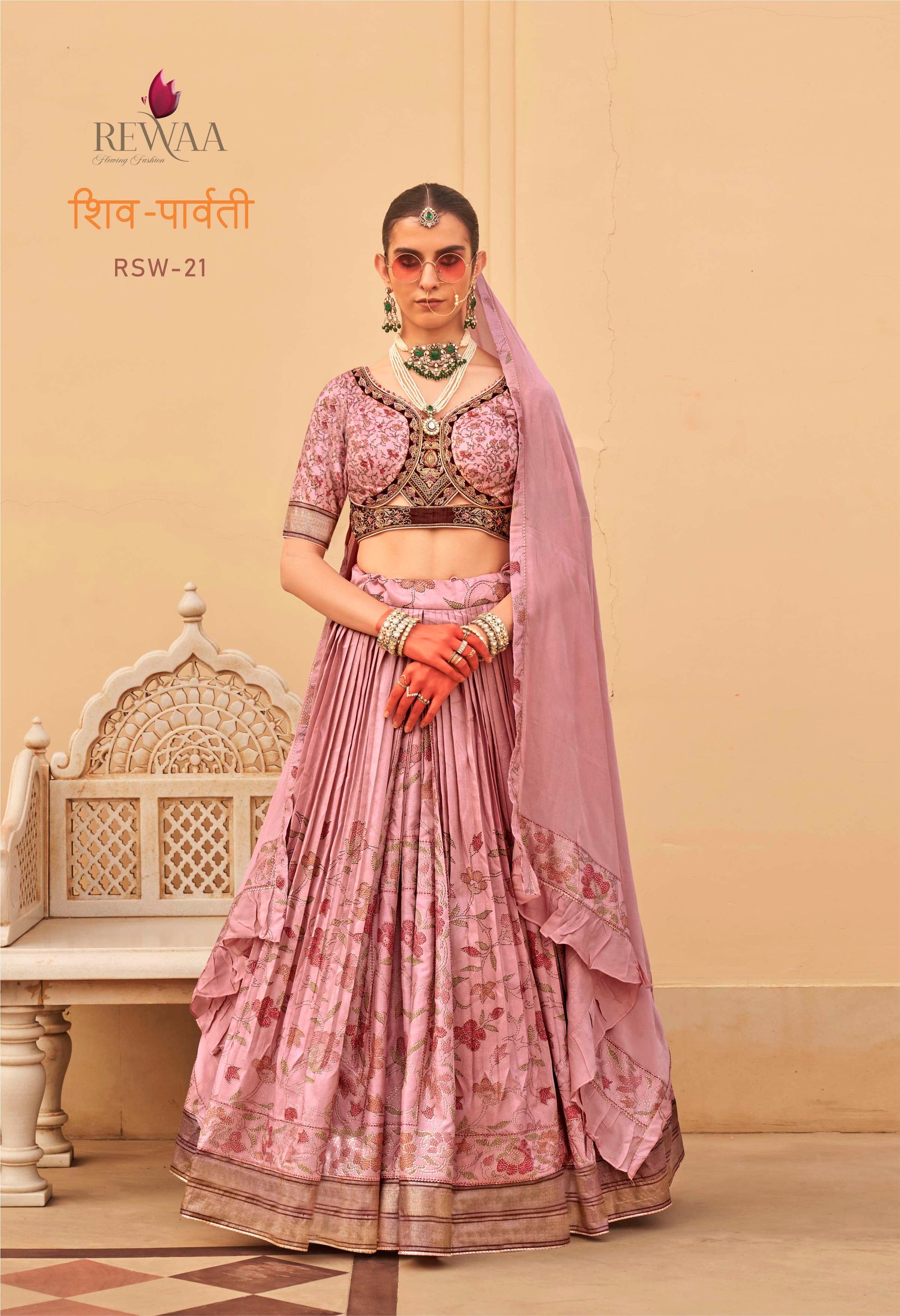 REWAA Women's Dusty Rose Pleated Lehenga with Velvet Waistcoat-Style Blouse