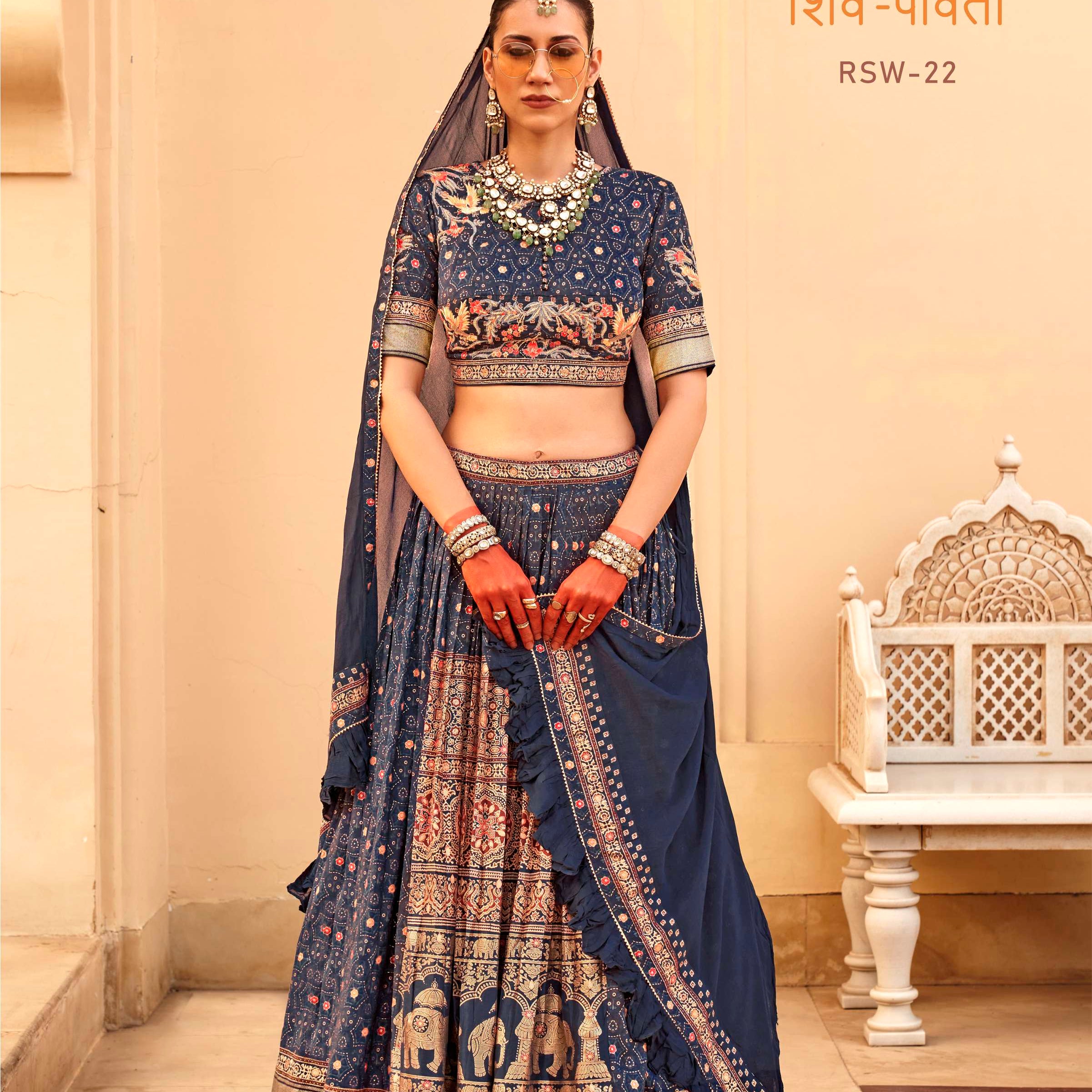 REWAA Women’s Navy Blue Heritage Lehenga with Gold Elephant Embroidery
