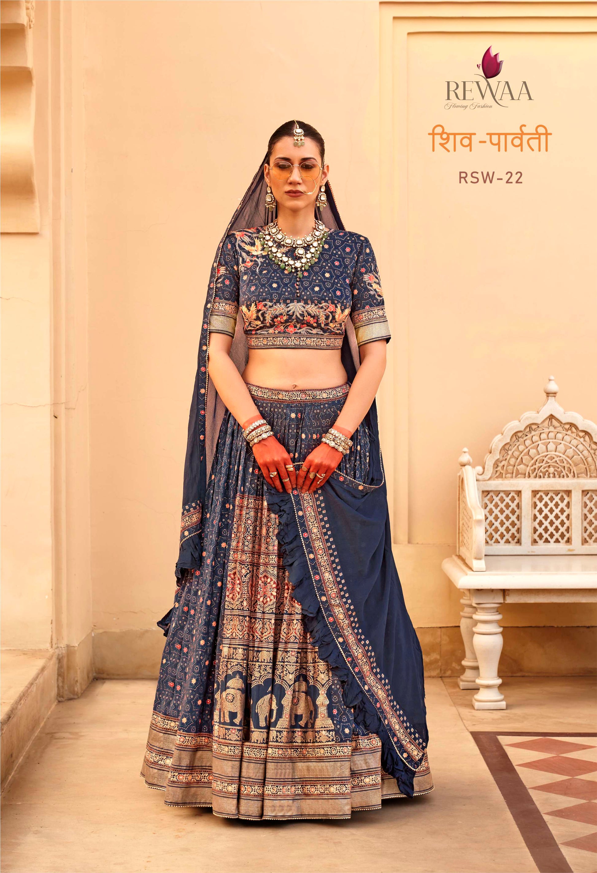 REWAA Women’s Navy Blue Heritage Lehenga with Gold Elephant Embroidery