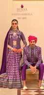 Designer Purple Geometric Printed Chaniya Choli with Long Jacket for Women & Matching Men’s Indo-Western Sherwani Set