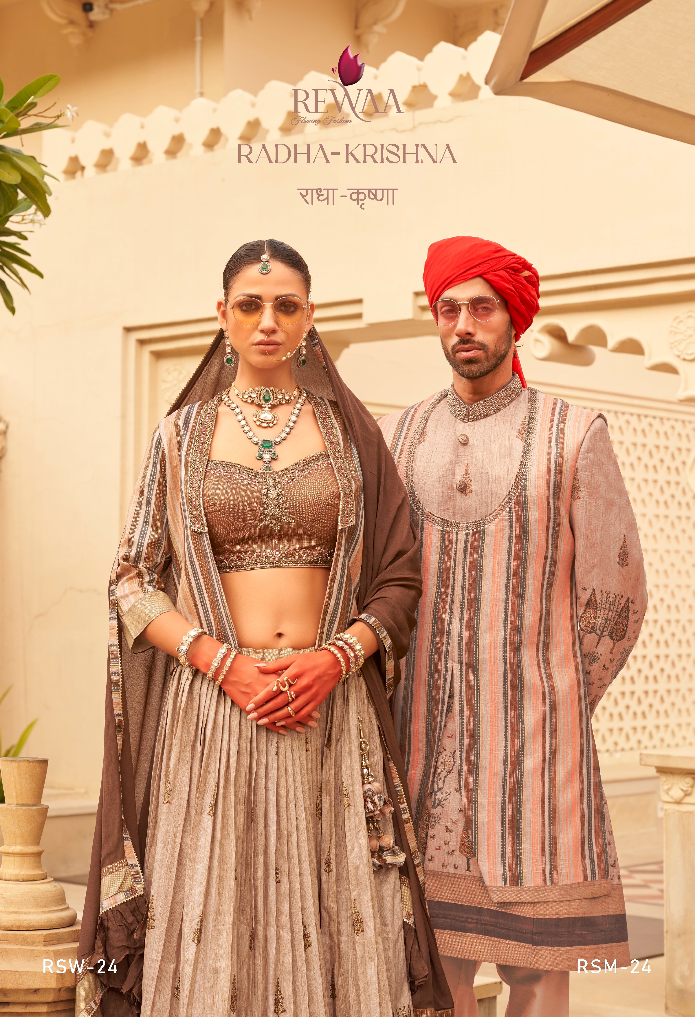 Rewaa Radha-Krishna Collection Women's Designer Embroidered Lehnga Choli with Long Jacket and Dupatta - Earthy Bronze , Rewaa Radha-Krishna Collection Men's Luxury Striped Sherwani with Embroidered Motifs and Red Turban - Sand & Pastel Multi