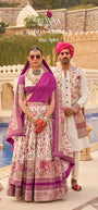 Ivory & Fuchsia Kalamkari Print Silk Lehenga Choli and Matching Men's Nehru Jacket with Kurta Set