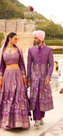 Premium Purple Jacquard Silk Lehenga Choli for Women & Matching Embroidered Sherwani Style Indo-Western for Men