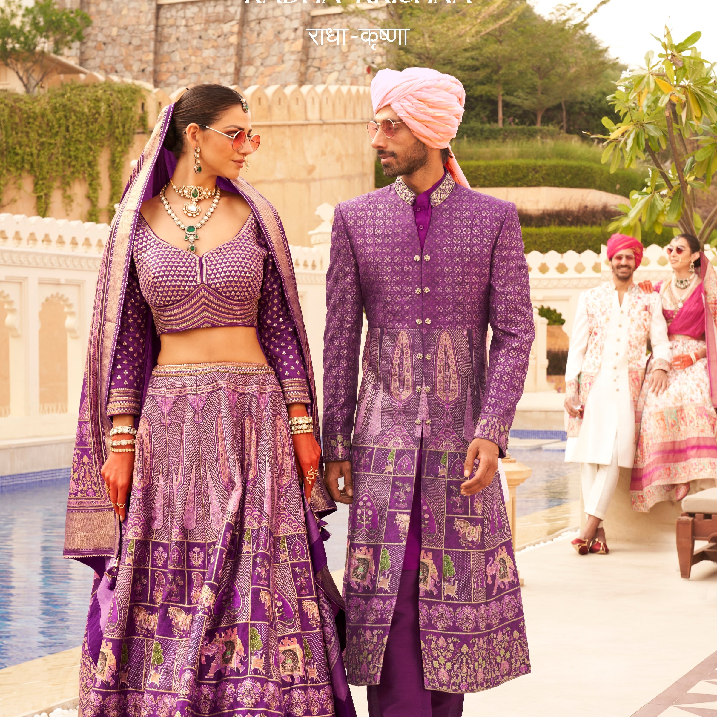 Premium Purple Jacquard Silk Lehenga Choli for Women & Matching Embroidered Sherwani Style Indo-Western for Men