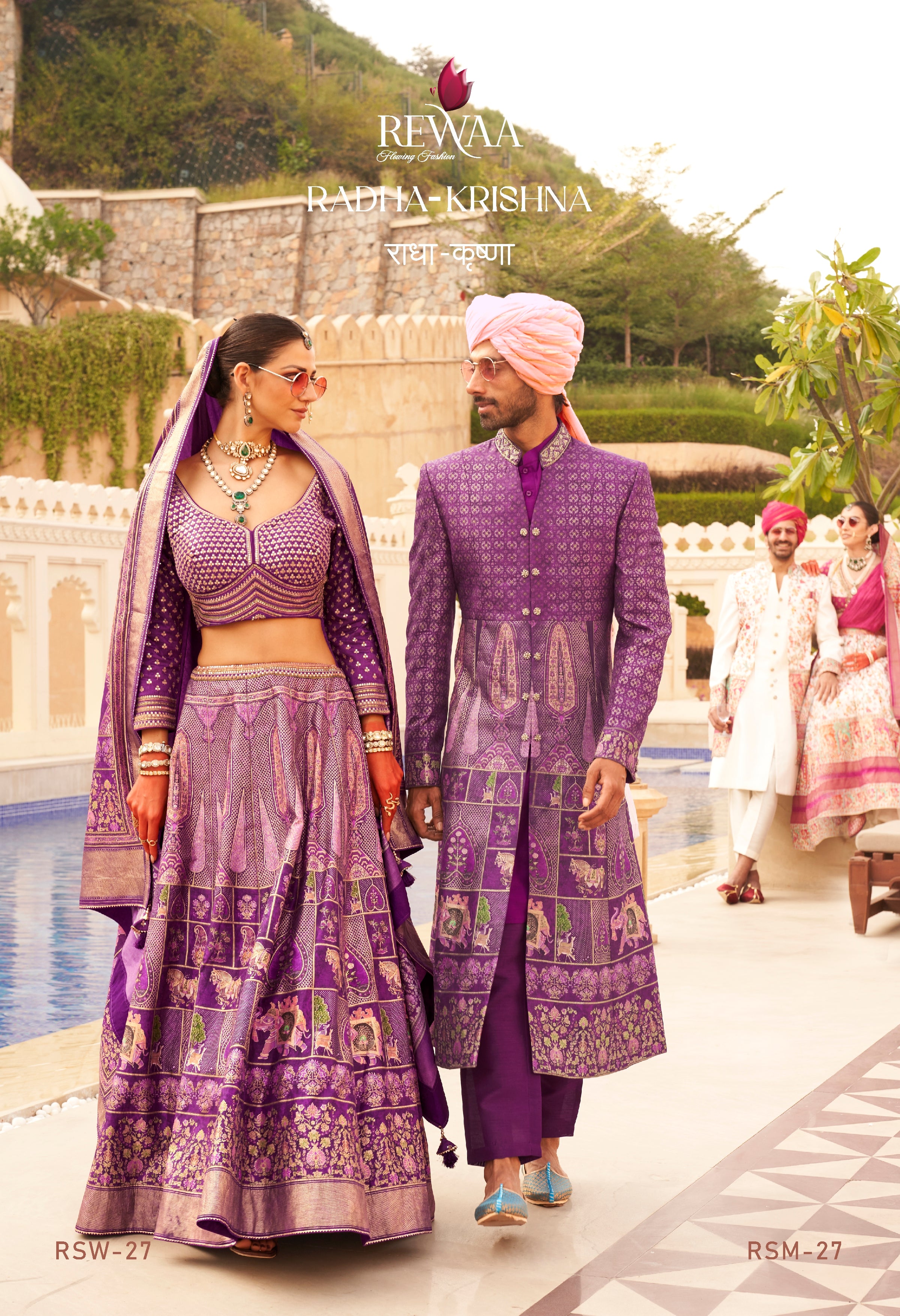 Premium Purple Jacquard Silk Lehenga Choli for Women & Matching Embroidered Sherwani Style Indo-Western for Men